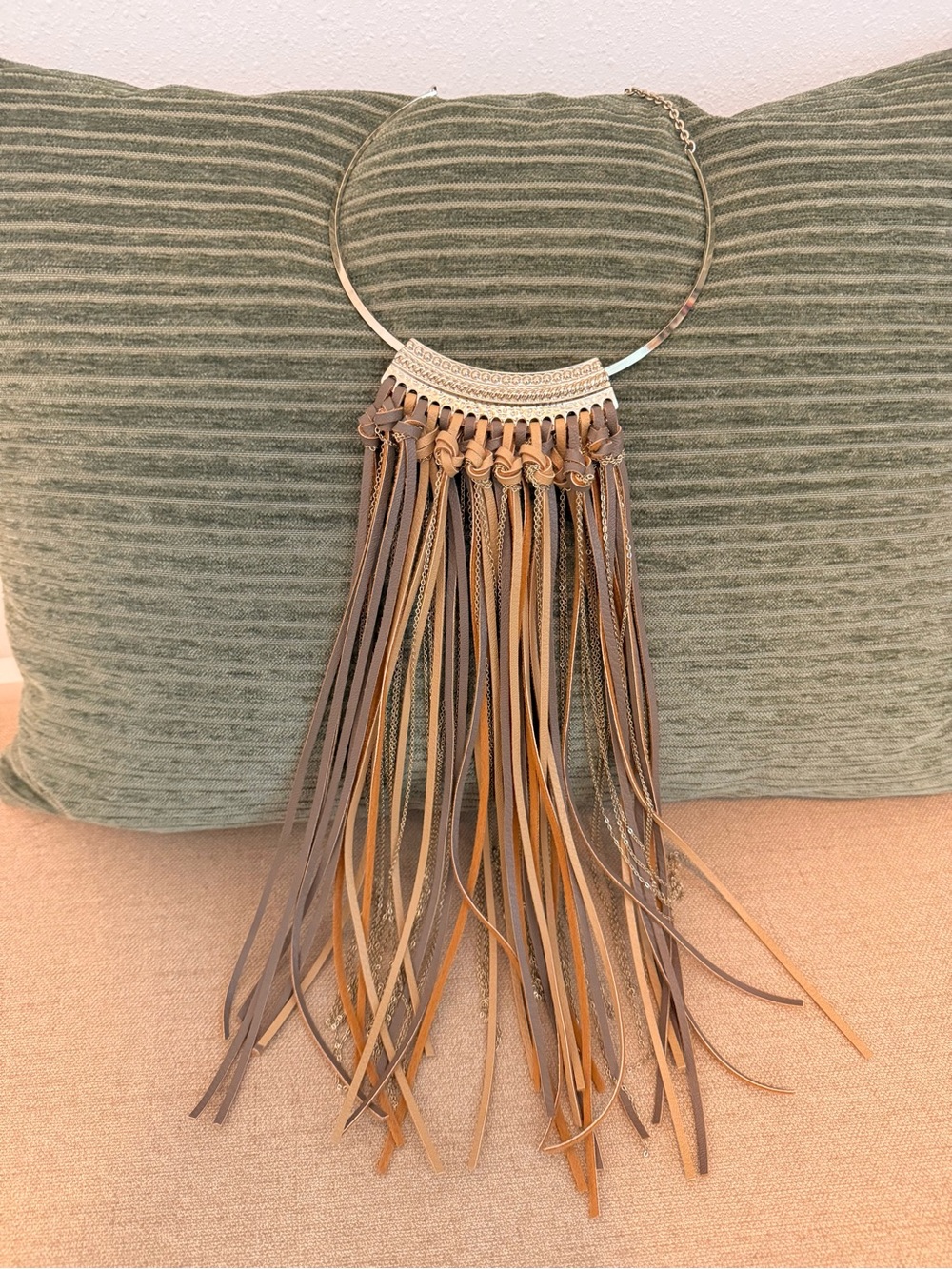 Express Neutral Tassel Fringe Necklace in Taupe and Mustard